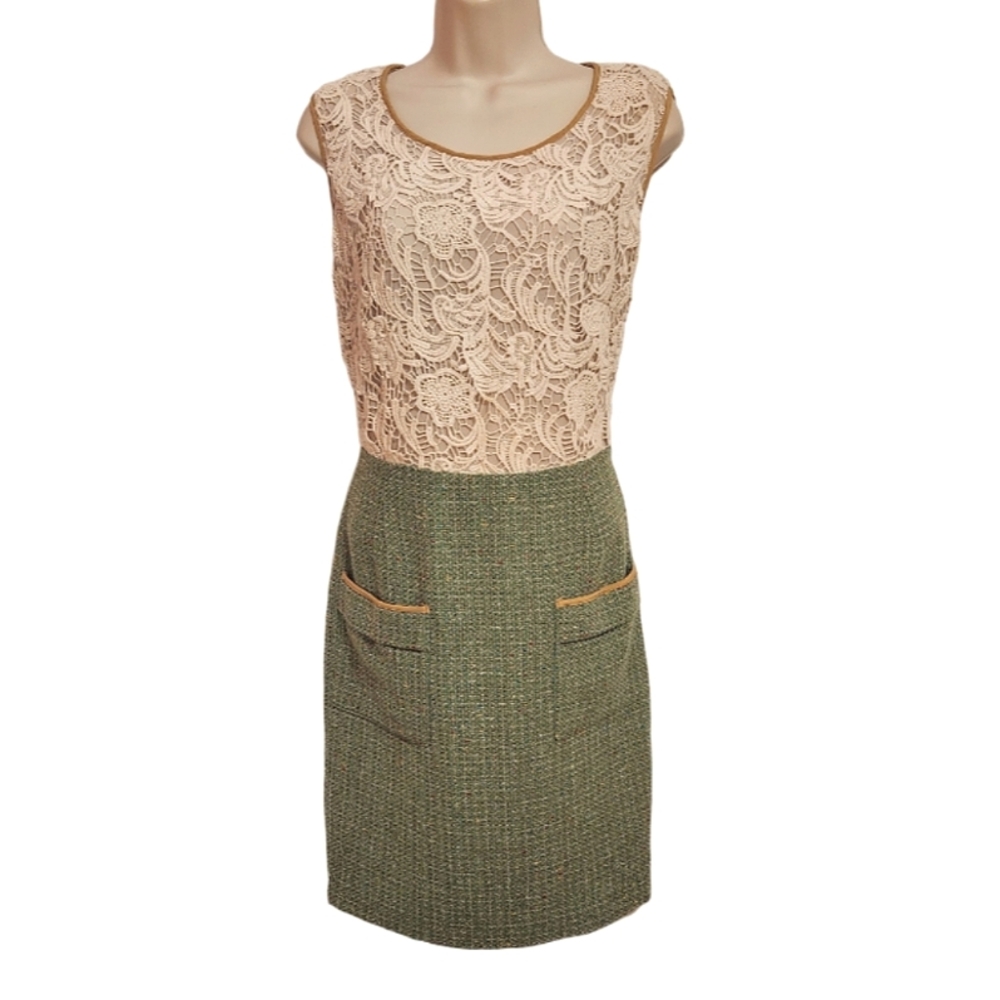 Aryn K Cream and Green Lace Dress
